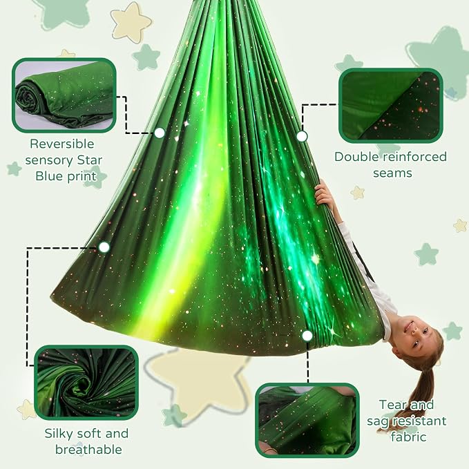 Sensory Swing for Kids Indoor & Outdoor Double Layer Therapy Cuddle Hammock Chair with 360 Swivel Hanger Kit Adjustable Swing for Child and Adult with Aspergers Autism ADHD (Aurora Green)