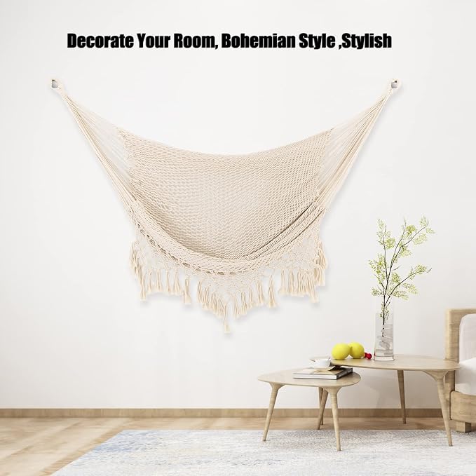 Hammock Chair，Max 330lbs, Large Hanging Chair, Soft Cotton Rope Swing Chair with High Load-Bearing Metal Rod,Indoor Outdoor Garden Yard Living Room Use Beige
