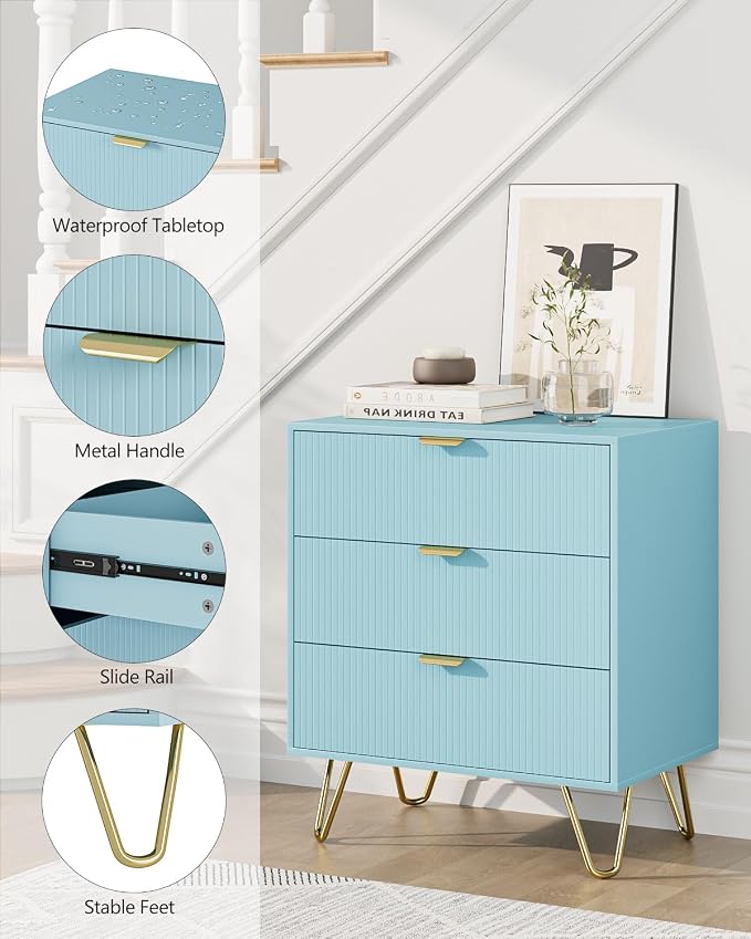 Blue Dresser for Bedroom, Modern Fluted 3 Drawer Dresser with Storage, Dresser Chest of Drawers with Gold Handles for Bedroom, Living Room, Closet, Hallway, 15.8" D x 23.6" W x 27.6" H