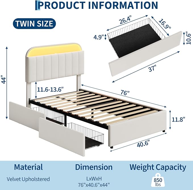 Garvee Twin Size Bed Frame with 2 Flexible Drawers, Velvet Upholstered Platform Bed Frame with Bookcase Headboard and LED Lights, Kids Bed for Girls, Easy Assembly, Noise Free, Beige