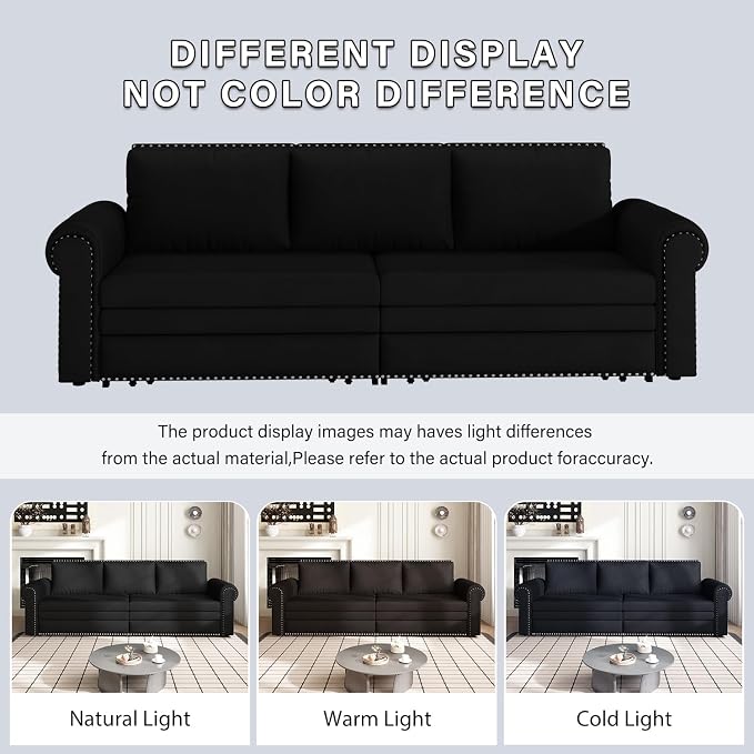 93.7" King Pull Out Sofa Bed, Velvet Sleeper Sofa Couch, 3 in 1 Convertible Futon Couches for Living Room, Small Space, Apartment, Office, Bedroom, Modern Rivet Armrest, Black