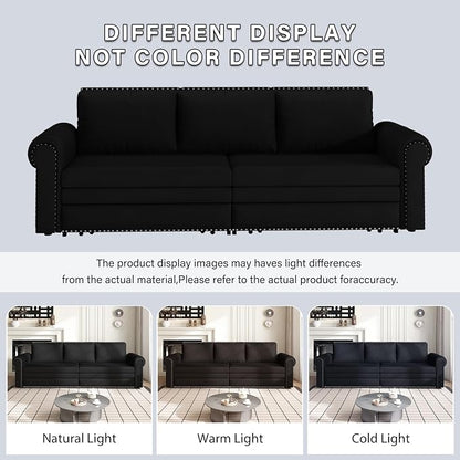 93.7" King Pull Out Sofa Bed, Velvet Sleeper Sofa Couch, 3 in 1 Convertible Futon Couches for Living Room, Small Space, Apartment, Office, Bedroom, Modern Rivet Armrest, Black