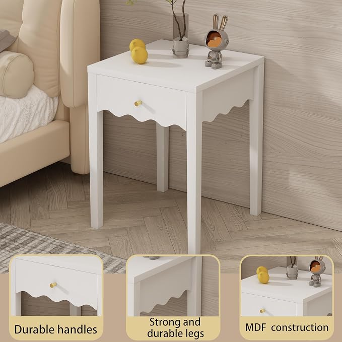 Nightstand with Drawer and Open Shelf, Scalloped Edge End Table for Sofa, Slim White Bedside Table for Girls Bedroom, Dorm, Coquette Preppy Room Decor
