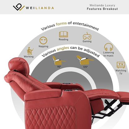 Weilianda Home Theater Seating Top Grain Leather Zero Gravity Recliner Chair Power Headrest Recline Movie Seat Gaming 7 Colors Mood Light Sofa with Tray Table USB Charge Row of 4 Loveseat Middle Red