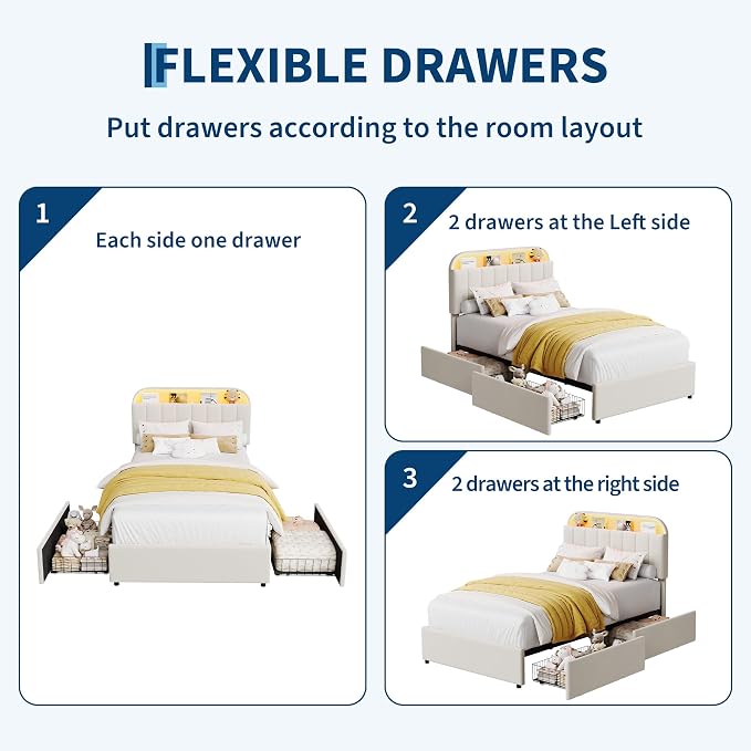 Garvee Twin XL Size Bed Frame with 2 Flexible Drawers, Velvet Upholstered Platform Bed Frame with Bookcase Headboard and LED Lights, Kids Bed for Girls, Easy Assembly, Noise Free, Beige