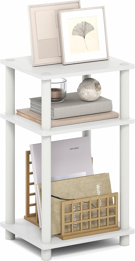 Furinno Turn-N-Tube Side Table, 3-Tier End Table with Open Shelf, Toolless Assembly Night Stand, Bedside Table, for Living Room, Bedroom, White