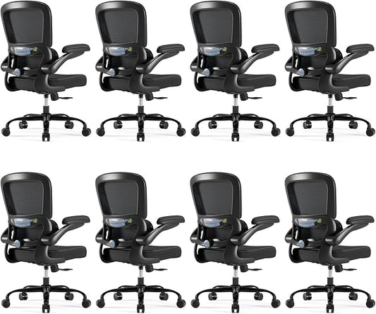 TRALT Ergonomic Office Chair - Desk Chair with Adjustable Headrest Lumbar Support Computer Chair - Mesh Comfy Chair with Flip-up Armrests - Gaming Chair for Adults Home Office PU, Black, Pack of 8