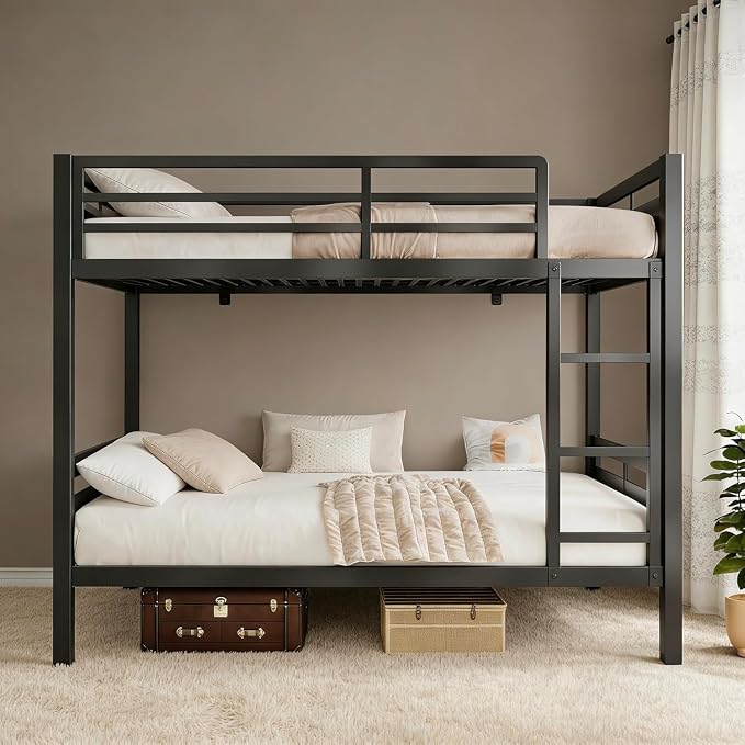 Bunk Bed Full Over Full, Heavy Duty Metal Bunkbeds with Full-Length Guardrail, Space-Saving Steel Bed for Kids & Adults, No Box Spring Required, Rustic Brown
