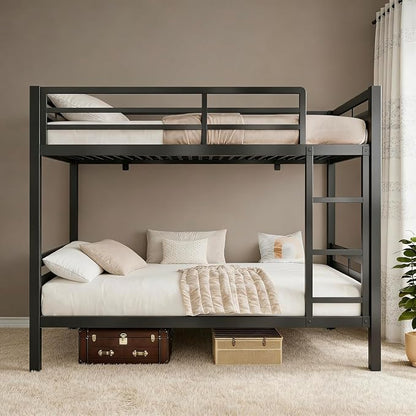 Bunk Bed Full Over Full, Heavy Duty Metal Bunkbeds with Full-Length Guardrail, Space-Saving Steel Bed for Kids & Adults, No Box Spring Required, Rustic Brown