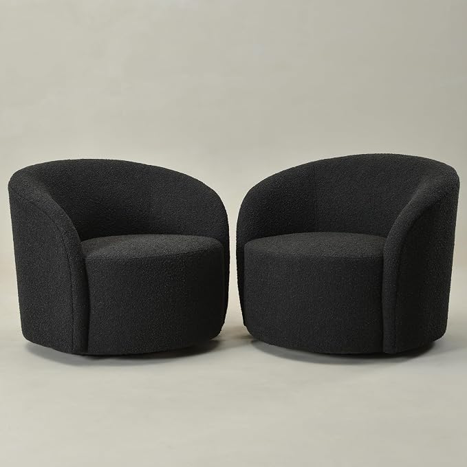 KINWELL 68" Boucle Upholstered Loveseat Sofa with Set of 2 Swivel Barrel Accent Chairs, Minimalist Comfy 2-Seater Couch and 2 Sherpa Armchairs for Small Spaces Apartment, Black