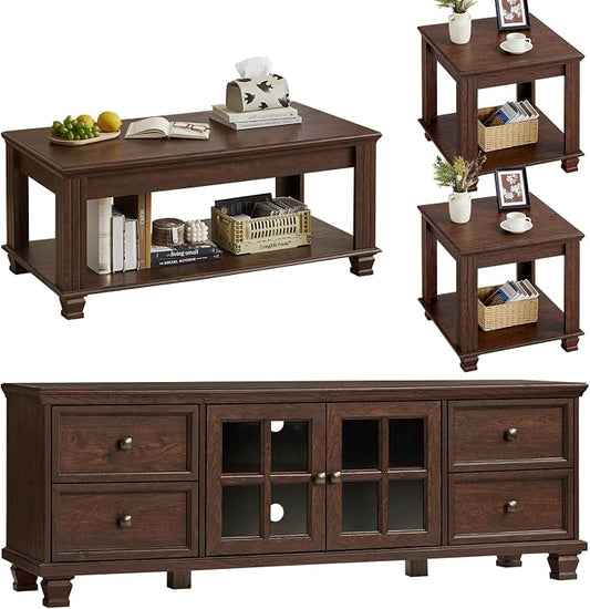SAVOR LIFE Farmhouse TV Stand and Coffee Table Set 4, Rustic Wood Living Room Table Set with TV Console, Center Table, End Table Set of 2 for Living Room, Walnut