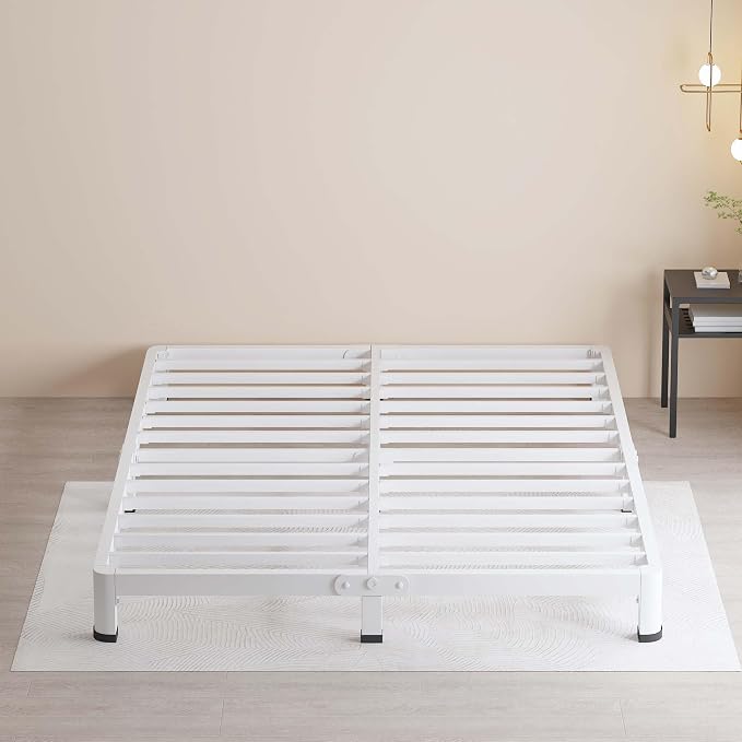 MAF 4 Inch Queen Metal Platform Bed Frame White with Round Corner Legs, Mattress Slide Stopper, 3000 LBS Heavy Duty Steel Slats Support, Noise Free, No Box Spring Needed, Easy Assembly