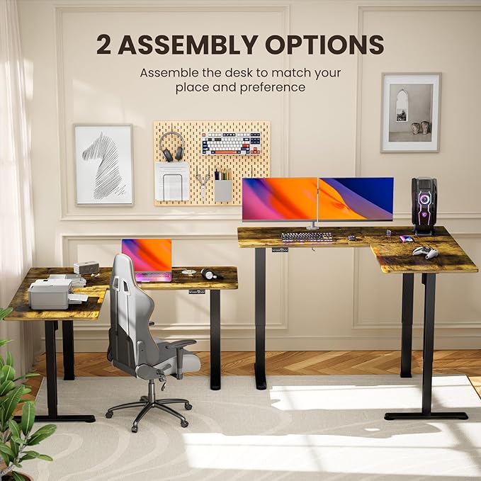 ErGear L Shaped Standing Desk, 63"x55" Electric Adjustable Height Sit Stand up Desk, Ergonomic Large Computer Table, Left & Right Interchangeable Installation, Suitable for Home Office, Vintage Brown