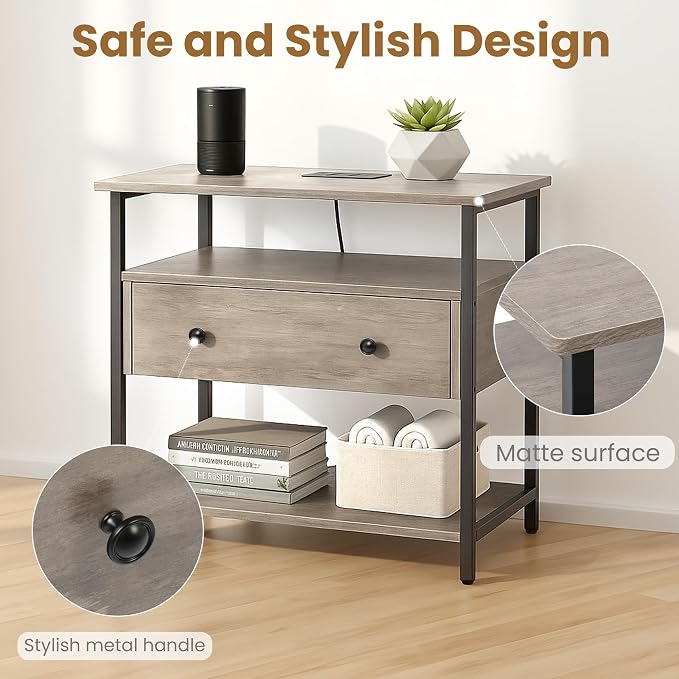 Edbuosy 27 Inch Wide Night Stand with Charging Station, Wood Nightstand with Open Shelf, Large Drawer Bedside Table for Living Room/Bedroom/Office, Rustic Gray