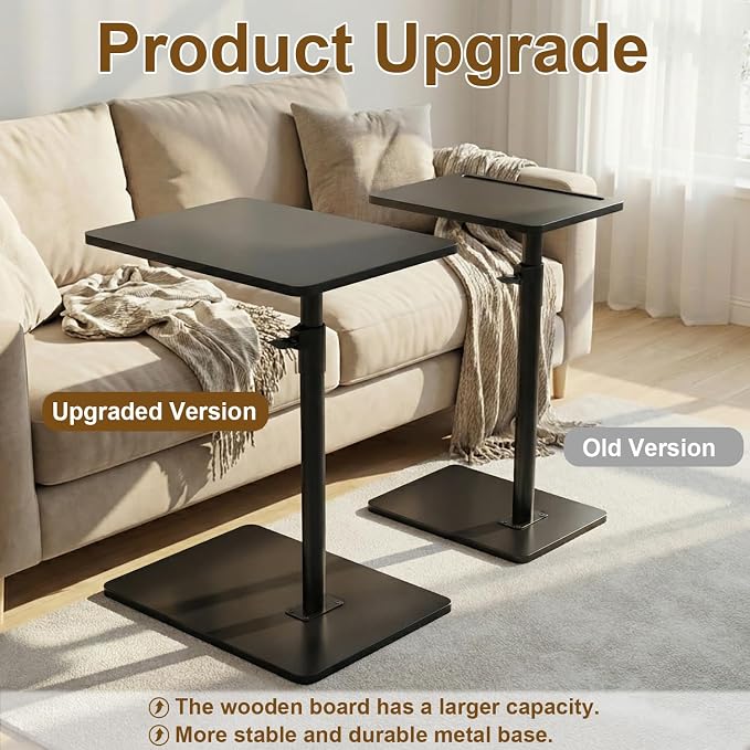 YUHFERA Sofa Armrest Tray Table for Couch - 360 Swivel Height Adjustable C-Shaped End Table for Small Spaces, Snack Side Table for Bed or Chair with Phone & Tablet Slot, Black, Enlarged