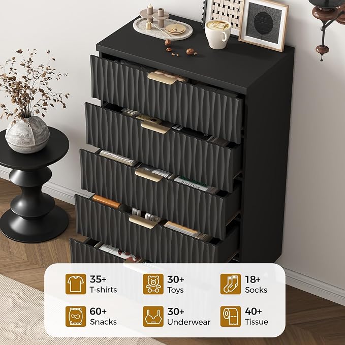Dresser for Bedroom, 47" Wide 5 Drawer Dresser, Modern Wood Chest of Drawers for, Bedroom, Living Room, Entryway, Black