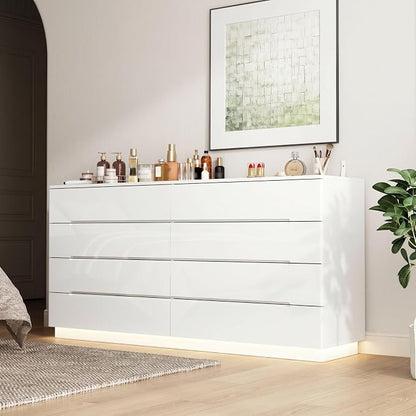 Modern High Gloss Dresser with LED Lights, 8 Drawer Dresser for Bedroom, Bottom Warm Lights, Handle-Free Design, 63" Contemporary Chest of Drawers White 63" W x 15.7" D x 30.9" H