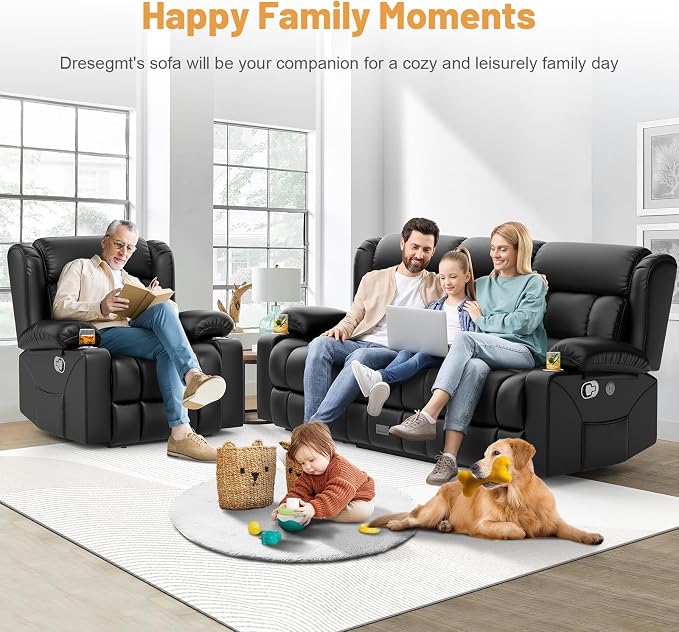 Dresegmt Loveseat Recliner Sofa Set, Flip Middle Backrest Design PU Leather 3 Seater Reclining Sofa and Single Oversized Recliner Chair, Manual Couches for Living Room (Black, PU 3+1)