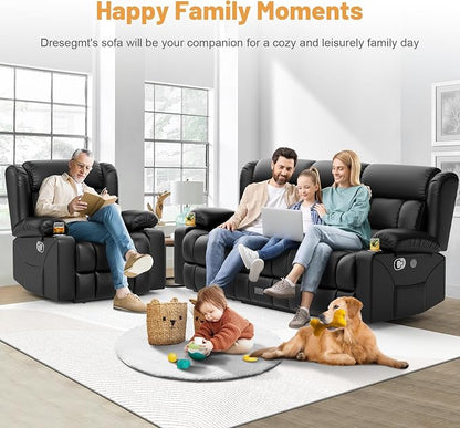 Dresegmt Loveseat Recliner Sofa Set, Flip Middle Backrest Design PU Leather 3 Seater Reclining Sofa and Single Oversized Recliner Chair, Manual Couches for Living Room (Black, PU 3+1)