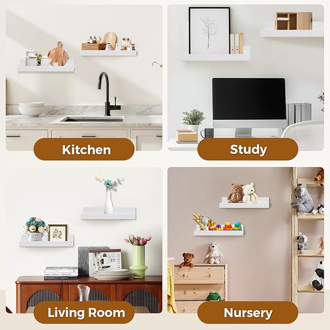 Muzilife 12" Small Floating Wall Ledge Shelves with Lip - Set of 2 Wood Floating Shelves - White Wall Mounted Picture Ledge for Office, Bathroom, Bedroom, Living Room, Kitchen