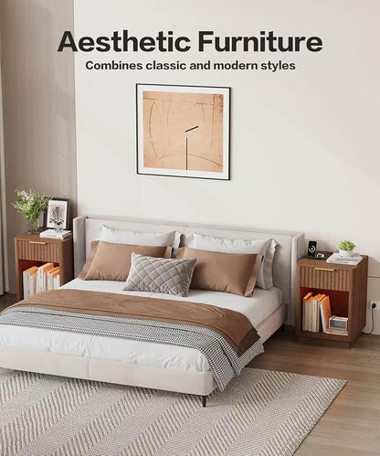 Akxomel Fluted Nightstands Set of 2, Wooden Night Stand with Charging Station and LED Light, Modern Mid Century End Table with Drawer, 15" D x 15.7" W x 22.6" H, for Bedroom, Walnut