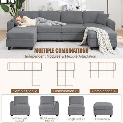 127" Modular Sectional Sofa with Storage, Corduroy 6-Seater U-Shaped Sofa with Ottoman Chaise, Cloud Sectional Couches for Living Room, Apartment