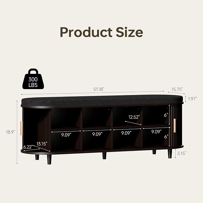 DHH 2-Tier Storage Bench,Wide Shoe Bench with Thickened Padded Seat Cushion, Mid Century Modern Fluted Sliding Door and Adjustable Shelf, for Entryway, Living Room, Bedroom (Dark Walnut, 51.2”)