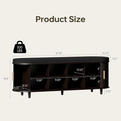 DHH 2-Tier Storage Bench,Wide Shoe Bench with Thickened Padded Seat Cushion, Mid Century Modern Fluted Sliding Door and Adjustable Shelf, for Entryway, Living Room, Bedroom (Dark Walnut, 51.2”)