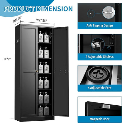 72" H Black Metal Kicthen Pantry Storage Cabinet 6-Tier Cupboard | Storage Cabinet with 5 Adjustable Shelves, Living Room, Garage, Heavy Duty Freestanding Utility Cabinet, Assembly Require
