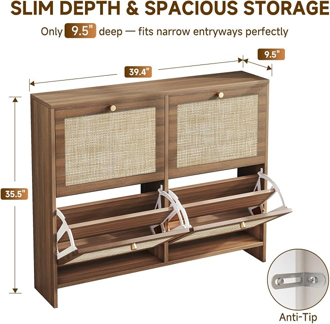 Nicetree Shoe Cabinet Storage for Entryway, 4-Flip Drawer Narrow Shoe Rack, Organic Modern Rattan Shoe Organizer, Shoe Organizer Fits Men's Size 13.5, Walnut