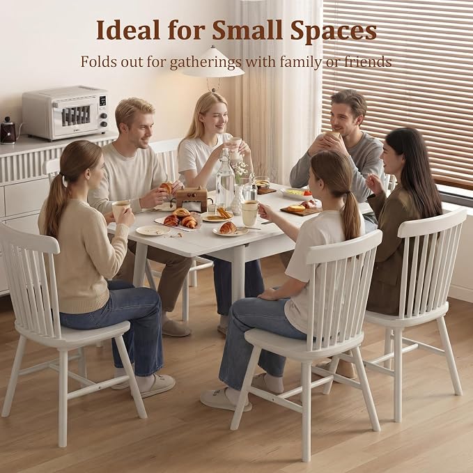 Solid Wood Small Dining Table for 2-6, 23.6"L-47.2"L Expandable Kitchen Table, Designed for Small Spaces, Easy Assembly, Suitable for Kitchen, Dining Room, Living Room, Apartment (White)
