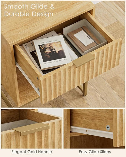 Masupu Fluted Nightstand,Modern Night Stand Wood Bedside Table with Storage Drawer Side End Table for Bedroom,Office,Oak