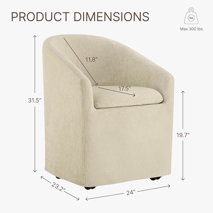 KISLOT Upholstered Dining Chairs Set of 1 with Casters, Modern Side Barrel Armchair with Washable Slipcover & Sturdy Metal Frame for Diningroom Bedroom Livingroom Reading Room, Sand Fabric