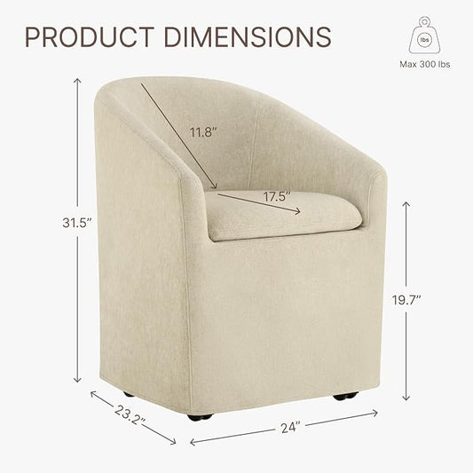 KISLOT Upholstered Dining Chairs Set of 1 with Casters, Modern Side Barrel Armchair with Washable Slipcover & Sturdy Metal Frame for Diningroom Bedroom Livingroom Reading Room, Sand Fabric