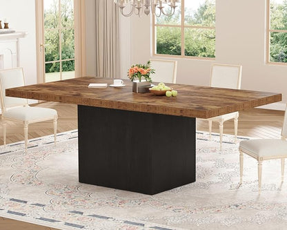 HSH Dining Table for 6 to 8, 71” Wood Rectangular Dinner Table, 6 ft Industrial Kitchen Table only with Black Pedestal, Modern Large Dining Room Table for Home Gathering Office, Rustic Brown, 71 Inch