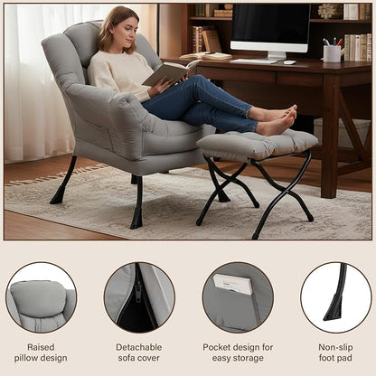 Welnow Lazy Chair with Ottoman, Modern Accent Chair with Armrests and a Side Pocket, Leisure Sofa Armchair Set, Reading Armchair with Footrest for Small Space, Light Grey