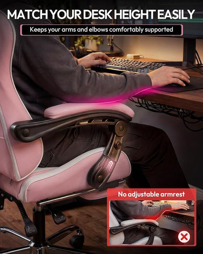 Dowinx Ergonomic Gaming Chair with Footrest & Massage Lumbar, 2D-Linkage Armrests for Computer Chair 330lbs with Headrest Pillow for Office, Home, Streaming and Long Gaming Sessions, Bright Pink