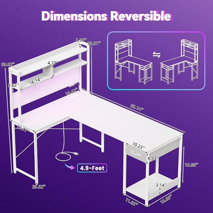 Apicizon L Shaped Gaming Desk 53", Reversible Corner Computer Desk with LED Lights, Carbon Fiber Surface, Pegboard with Hooks, Drawer & PC Tower Stand, USB Charging Port