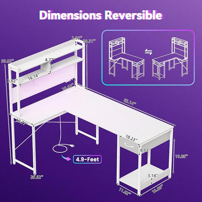Apicizon L Shaped Gaming Desk 53", Reversible Corner Computer Desk with LED Lights, Carbon Fiber Surface, Pegboard with Hooks, Drawer & PC Tower Stand, USB Charging Port