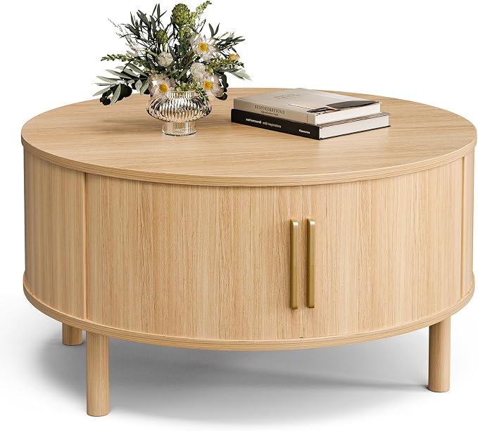 ZttRiee Round Coffee Table with Sliding Doors, Modern, Natural | Ø30.0"D x 16.3"H, 200 lbs capacity, dual sliding-door storage, ~45 min assembly.