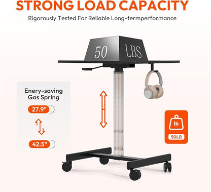 18.9 * 25.6 inch Mobile Standing Desk,T Shaped Pneumatic Adjustable Height Stand Up Desk,with Lockable Wheels,Ergonomic Standing Side Table for Home Office Work Workstation Carbon Fiber+Black