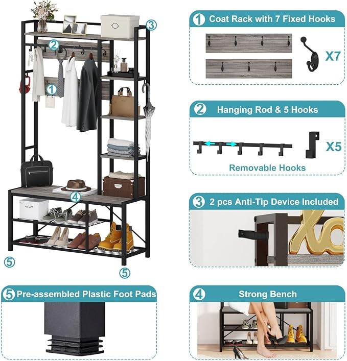 BON AUGURE Hall Tree with Bench and Shoe Storage, Entryway Bench with Coat Rack, Wooden Metal Coat Tree with Hooks, 5 in 1 Multifunctional Shoe Benches and Wall Rack (Dark Gray Oak)