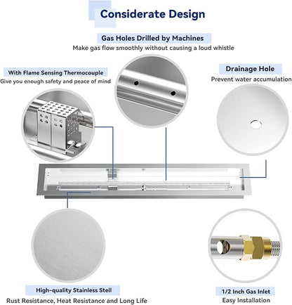 Skyflame 36" Linear Stainless Steel Fire Pit Drop-in Burner Kit with Flame Sensing, Electronic Spark Ignition,and Propane Regulator Connector Hose Set for Propane Tank
