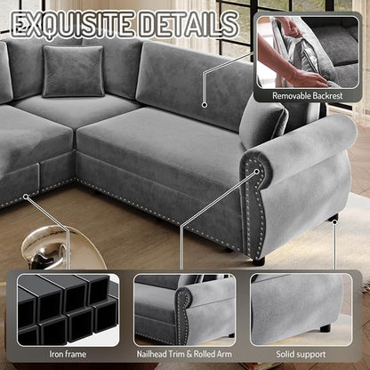 88.2" Sectional Sleeper Sofa with Pull Out Bed - Oversize L-Shaped Convertible Sleeper Couch Bed, Button Tufted Chesterfield Sofa, Chenille Vintage Couches for Living Room(4-Seater, Light Grey)