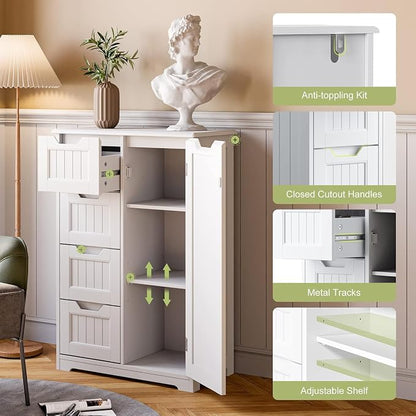 Gizoon Small Pantry Storage Cabinet with Door and Shelves, 33'' Kitchen Pantry Freestanding Wooden Bathroom Storage Cabinet with 4 Drawers for Kitchen and Dining Room, White, Painted