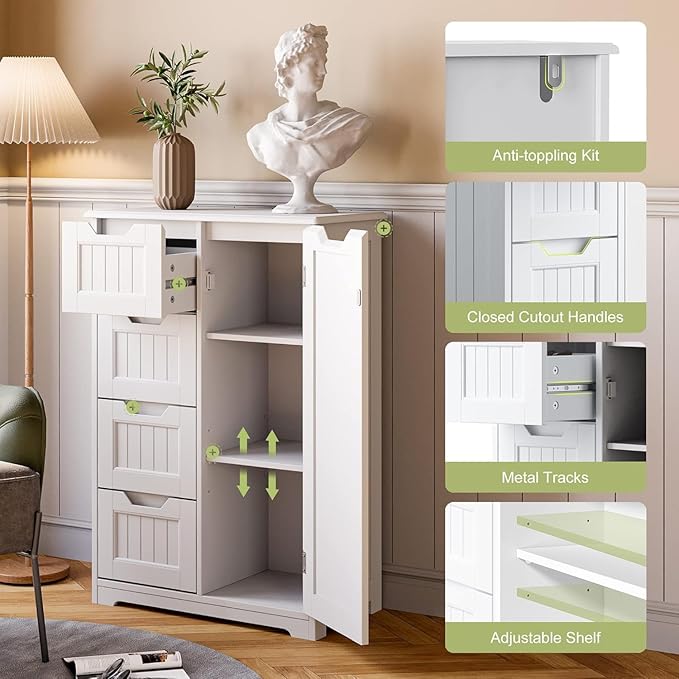Gizoon Small Pantry with Door and Shelves, 33'' Small Coffee Bar Cabinet with 4 Drawers Kitchen Pantry Storage Cabinet for Kitchen and Living Room, White, Painted