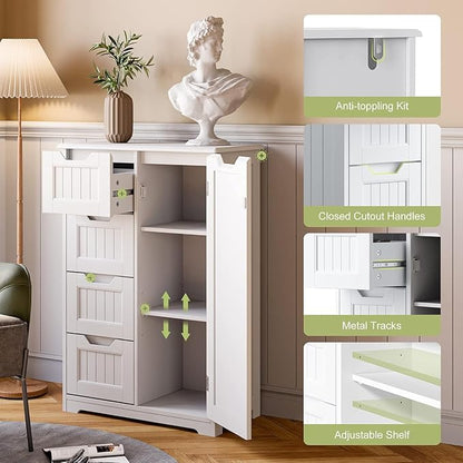 Gizoon Small Pantry with Door and Shelves, 33'' Small Coffee Bar Cabinet with 4 Drawers Kitchen Pantry Storage Cabinet for Kitchen and Living Room, White, Painted