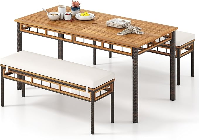 Tangkula 3 Pieces Wood Patio Dining Set, Outdoor PE Wicker Rectangular Acacia Wood Table and 2 Cushioned Benches with 1.97” Umbrella Hole, Outside Furniture Set for Deck, Garden and Backyard