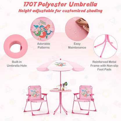 HONEY JOY Kids Picnic Table, Animal Themed Toddler Outdoor Table and Chair Set, 2 Folding Chairs & Removable Umbrella, Children Outdoor Furniture for Backyard Patio Garden (Pink Mermaid)