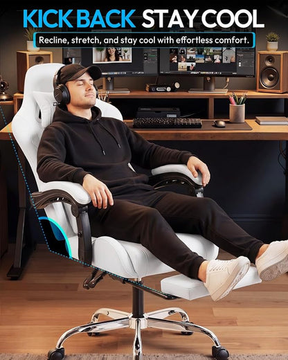 Dowinx Ergonomic Gaming Chair with Footrest & Massage Lumbar, 2D-Linkage Armrests for Computer Chair 330lbs with Headrest Pillow for Office, Home, Streaming and Long Gaming Sessions, Fabric Pure White